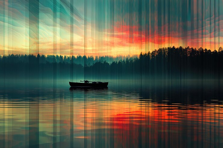 Vetor padrão abstrato de linhas onduladas e pontos refletindo na superfície do lago com um barco a remo à distância