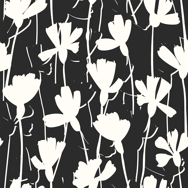 Padrão abstrato monocromático sem costura ilustração botânica preto e branco flores silhuetas