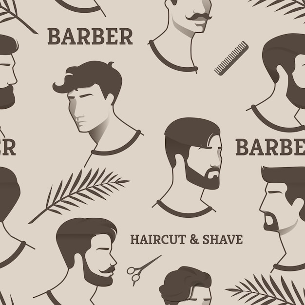 Padrão barbeiro corte de cabelo e barbear com tesoura, pente. desenhos homens jovens, mas com diferentes cortes de cabelo e penteados, com e sem barba, com bigode. mostra diferentes eras cabeleireiro.