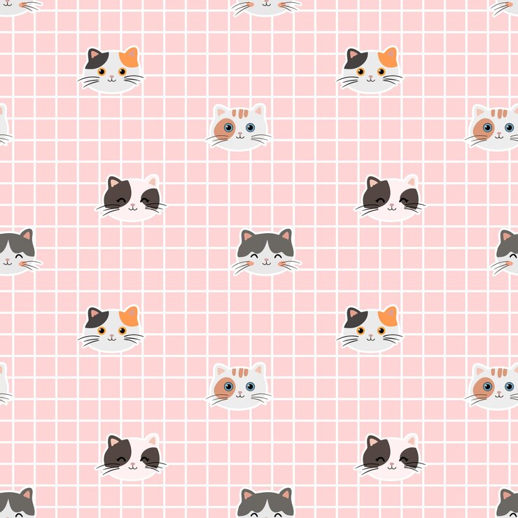 Vetor padrão bonito com gatos em fundo xadrez rosa textura sem costura vetorial para design de papel de embrulho de tecido infantil