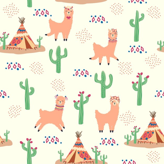 Padrão bonito com lamas cactos Alpes montanhas caçador de sonhos arco-íris e corações design de quarto de crianças embalagem de papel de parede de tecido impresso