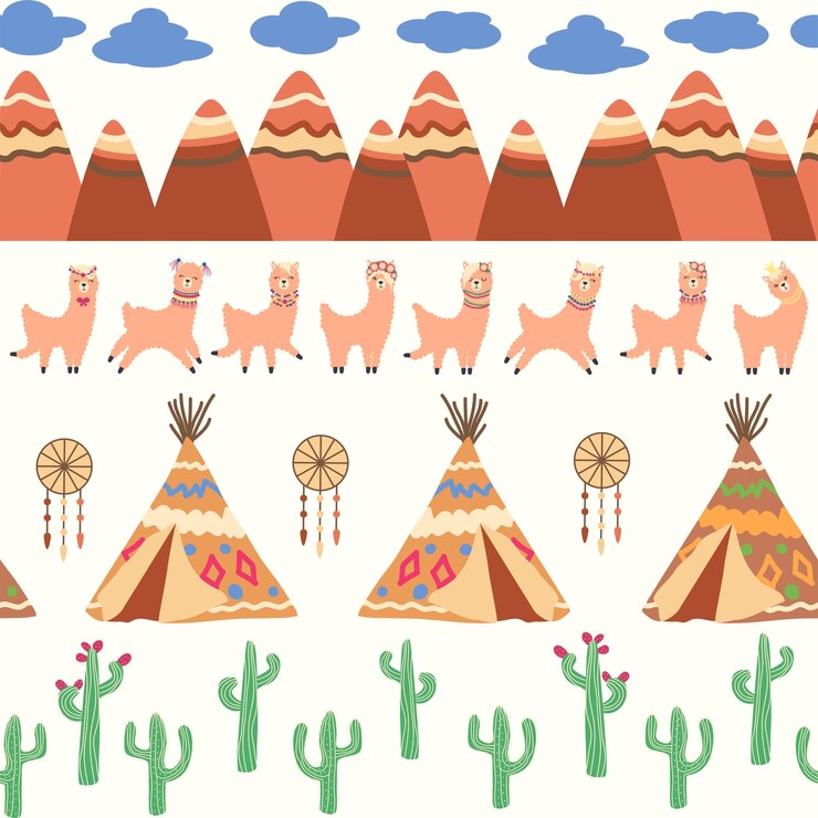 Vetor padrão bonito com lamas cactos alpes montanhas caçador de sonhos arco-íris e corações design de quarto de crianças