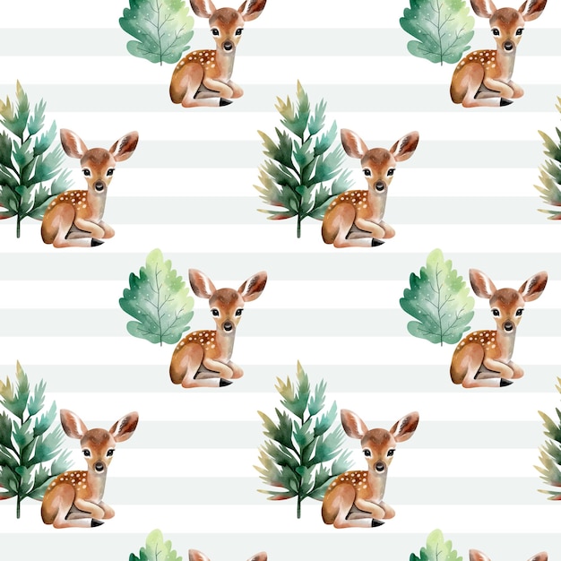 Padrão bonito sem costuras com cervos e árvores fundos de vida selvagem da floresta floresta aquarela