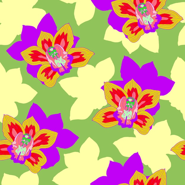 Padrão botânico floral de orquídea sem costura Cores brilhantes Ilustração vetorial desenhada à mão Textura para papel de parede têxtil de tecido de impressão