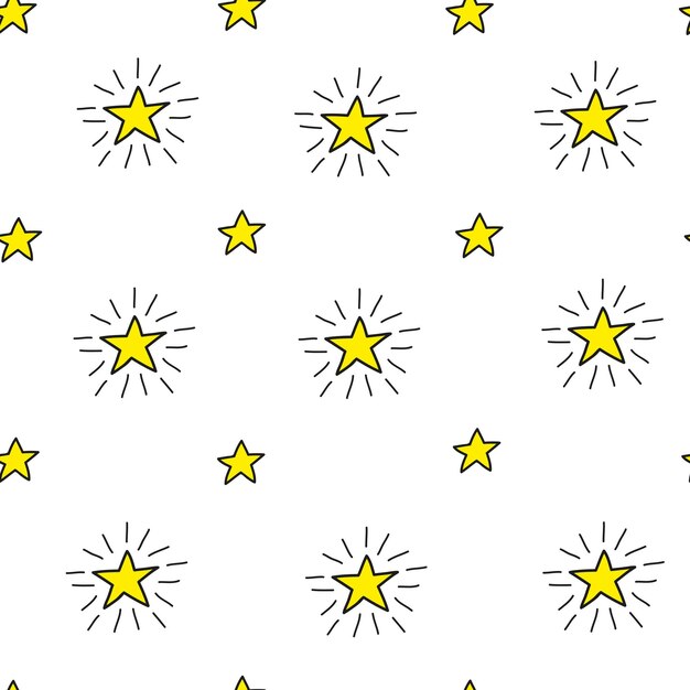 Padrão branco sem costura com estrelas brilhantes amarelas desenhadas à mão