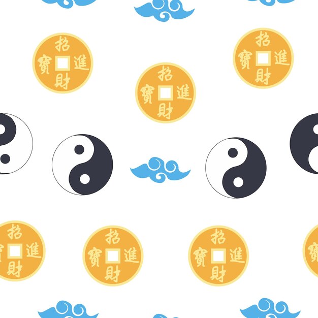 Padrão chinês perfeito com moeda chinesa de feng shui com símbolo de buraco yin yang