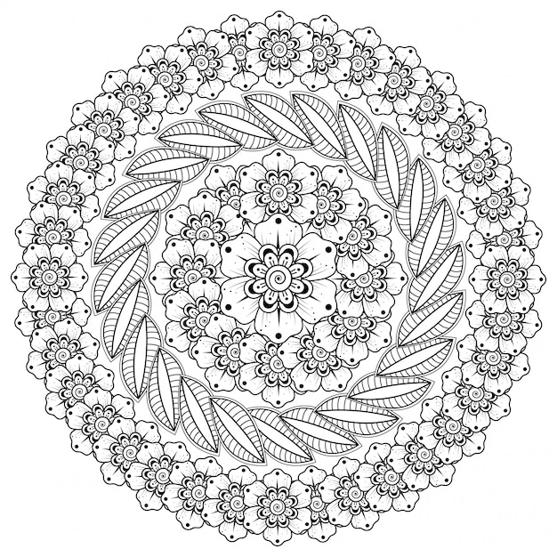 Padrão circular em forma de mandala com flores para henna, mehndi, tatuagem, decoração. decoração de flores mehndi em estilo étnico oriental, indiano.