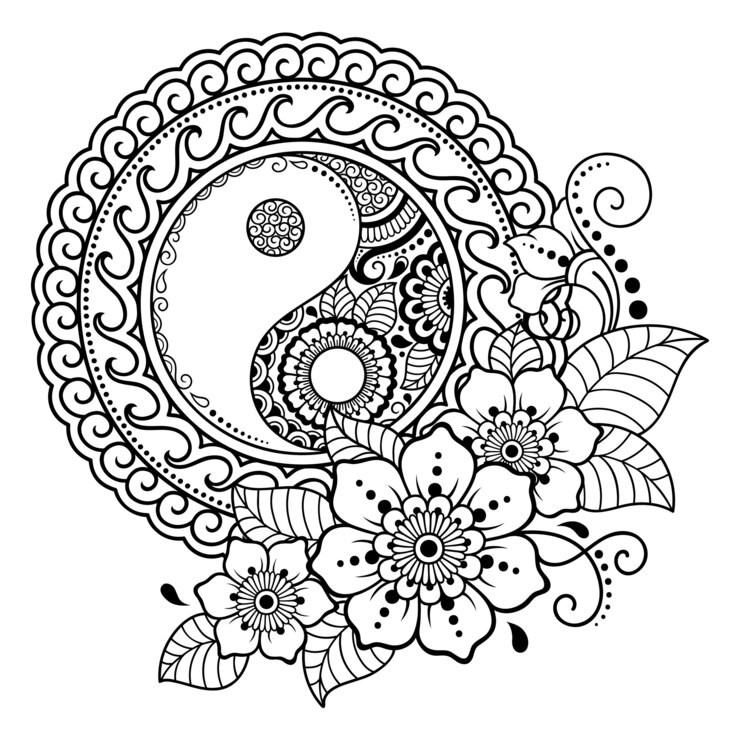 Padrão circular em forma de mandala para Henna, Mehndi, tatuagem, decoração. Ornamento decorativo em estilo oriental com símbolo desenhado de mão Yin-Yang. Página do livro de colorir.