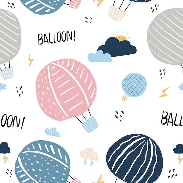 Padrão colorido de balões sem costura com mão desenhada balão voando no céu e nuvens