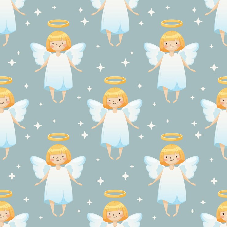 Vetor padrão com anjos de bebês de desenho animado e estrelas sobre fundo azul para crianças