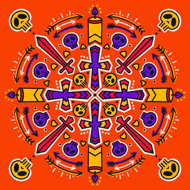 padrão com caveira, espada, velas e flechas.