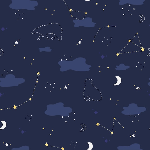 Padrão com céu noturno urso polar e constelações, nuvens, lua crescente e estrelas ursa maior