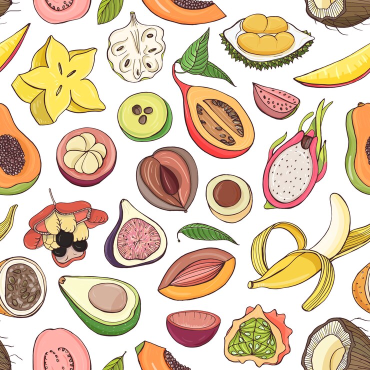 Vetor padrão com corte ou dividir frutas tropicais exóticas suculentas no fundo branco