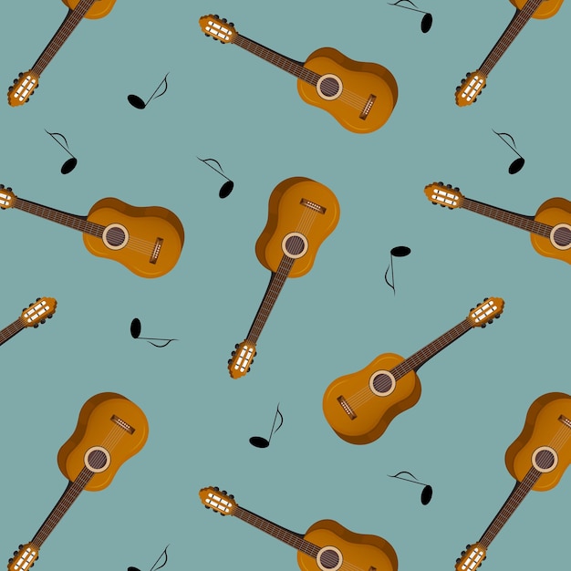 Padrão com guitarra e notas em uma ilustração vetorial de fundo azul
