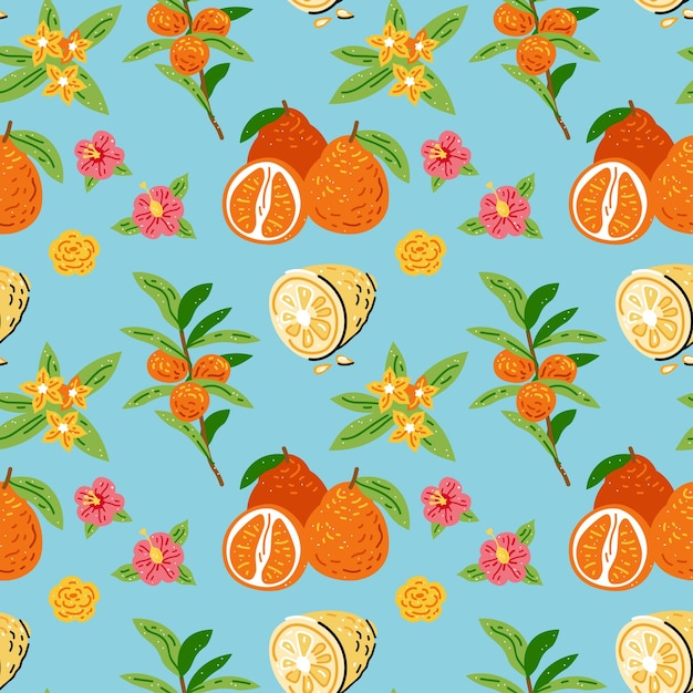 Padrão com laranjas frutas e flores brilhante sem costura para design de cozinha