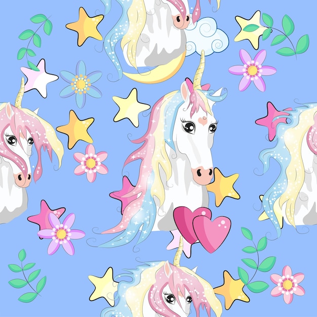Padrão com nuvens de unicórnios fofosarco-íris e estrelas Fundo mágico com pequenos unicórnios