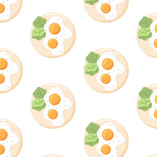 Padrão com ovos fritos Padrão sem costura com ovos mexidos e verduras em um prato Ilustração vetorial no estilo cartoon