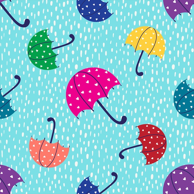 Vetor padrão com um guarda-chuva multicolorido e gotas de chuva em um fundo azul
