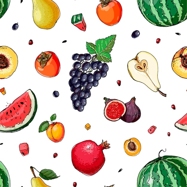 Padrão Comida fresca Melancia melão romã Damasco caqui linha desenhada em um fundo branco Ilustração vetorial