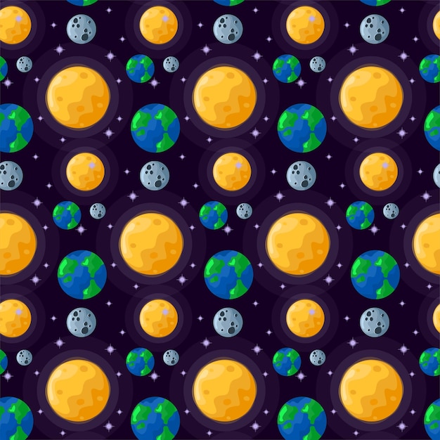 Padrão cósmico sem costura com sol, terra e lua uma galáxia com planetas ilustração vetorial para têxteis papel e decoração