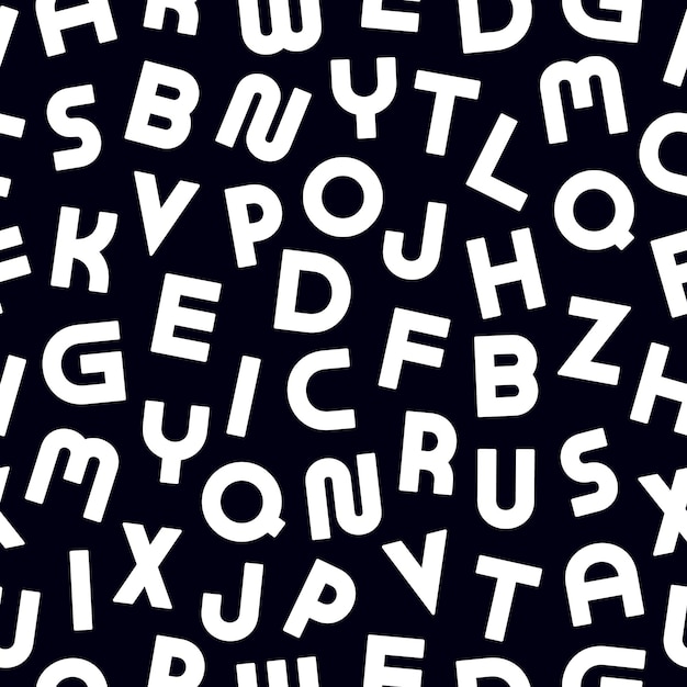 Padrão de alfabeto sem costura vetorial com letras latinas design de moda preto e branco repetindo o fundo