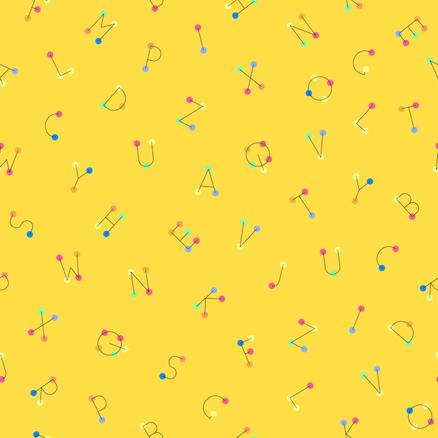 Padrão de alfabeto vetorial sem costura colorido fundo amarelo repetível na moda com letras