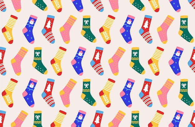 Vetor padrão de ano novo de natal com meias desenhadas à mão sem costura para fundos de embalagens têxteis