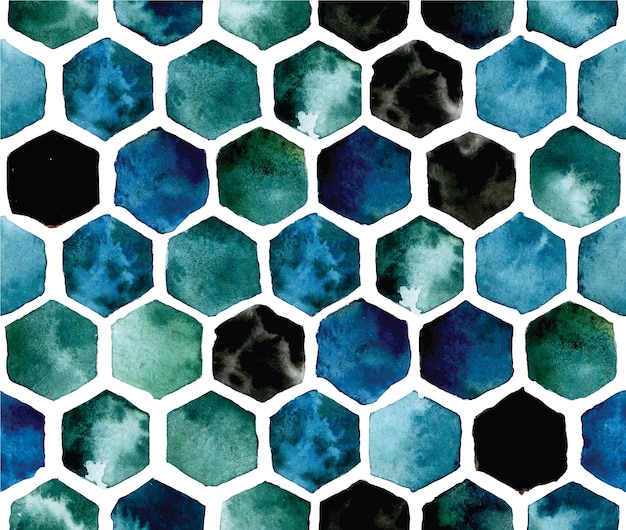 padrão de aquarela abstrato com hexágonos de favos de mel coloridos em azul e verde índigo