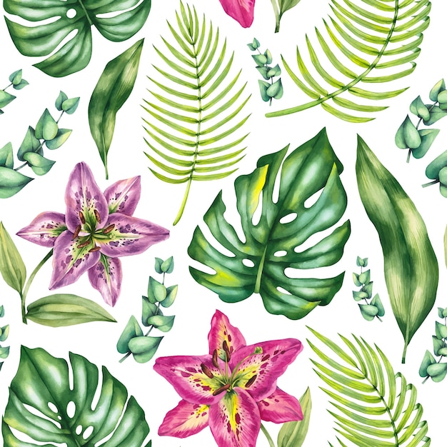 Vetor padrão de aquarela com plantas tropicais em fundo branco