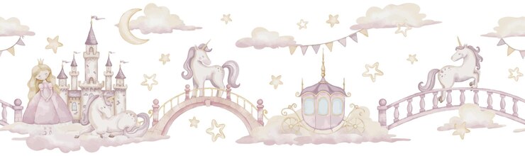 Vetor padrão de aquarela sem costura com unicórnios cor-de-rosa pastel e linda ilustração de princesa de fronteira com