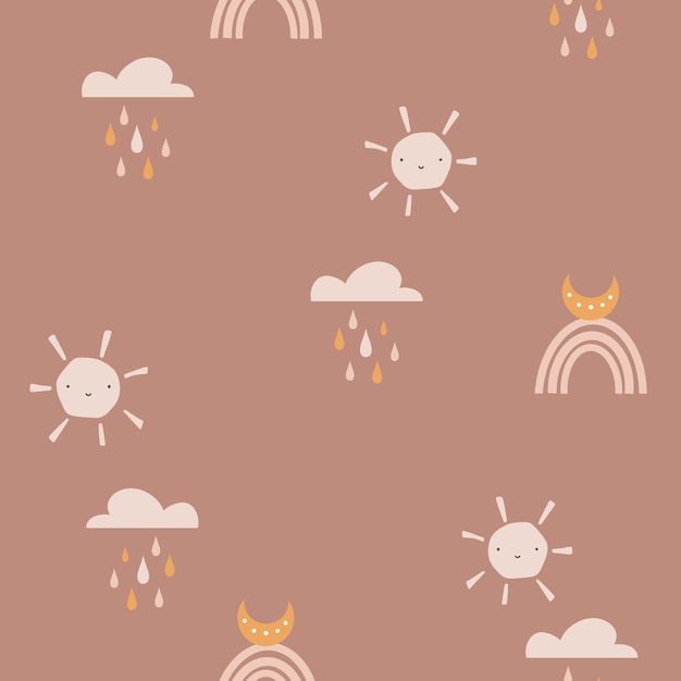 Padrão de arco-íris boêmio padrão sem emenda de vetor infantil com nuvens do céu chuva sol lua ilustração desenhada à mão fofa em cores pastel de estilo escandinavo ideal para têxteis de roupas de bebê