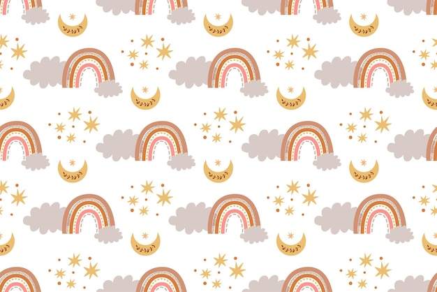 Padrão de arco-íris infantil boho arco-íris pastel moderno nuvens de lua Vetor de fundo boho bebê