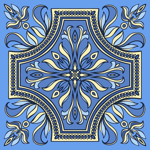 Padrão de azulejo de desenho manual em cores azuis e amarelas estilo majólica italiana