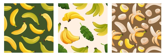 Vetor padrão de banana impressão sem costura de frutas amarelas tropicais colheita orgânica madura com folhas verdes desenhada à mão fundo de natureza exótica conjunto de textura vetorial