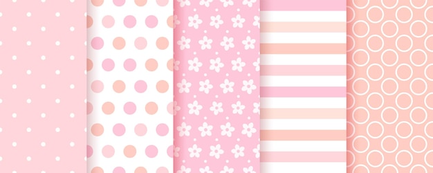 Padrão de bebê. Fundo sem emenda da menina bebê. Impressão em tecido rosa. Vetor. Conjunto de texturas geométricas pastel de crianças. Lindo cenário infantil com bolinhas, listras e flores. Ilustração moderna.