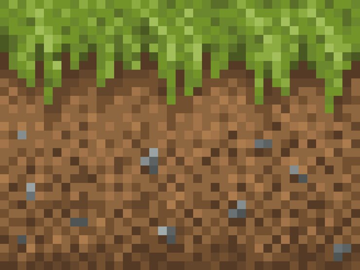 Vetor padrão de blocos de grama, solo e pedra de pixel. plano de fundo do jogo de pixel cúbico. tecnologia 2d de interface de jogo de 8 bits. papel de parede retro ou pano de fundo com camada de solo e seção transversal subterrânea de seixos