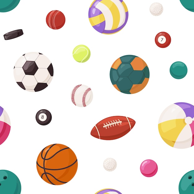 Vetor padrão de bolas de esportes. plano de fundo sem costura com equipamentos de jogos de futebol, vôlei, rugby, basquete, beisebol e handebol. textura sem fim com impressão repetida. ilustração em vetor plana colorida.