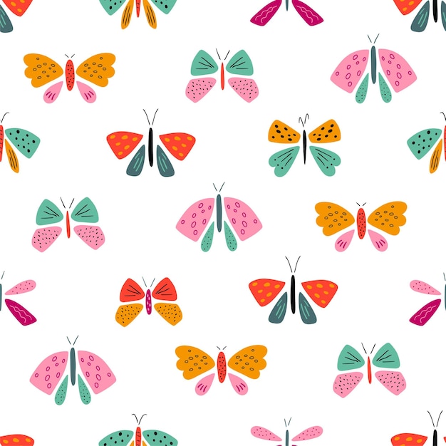 Vetor padrão de borboleta de verão insetos voadores infantis bonitos repetem desenho têxtil vetorial de fundo