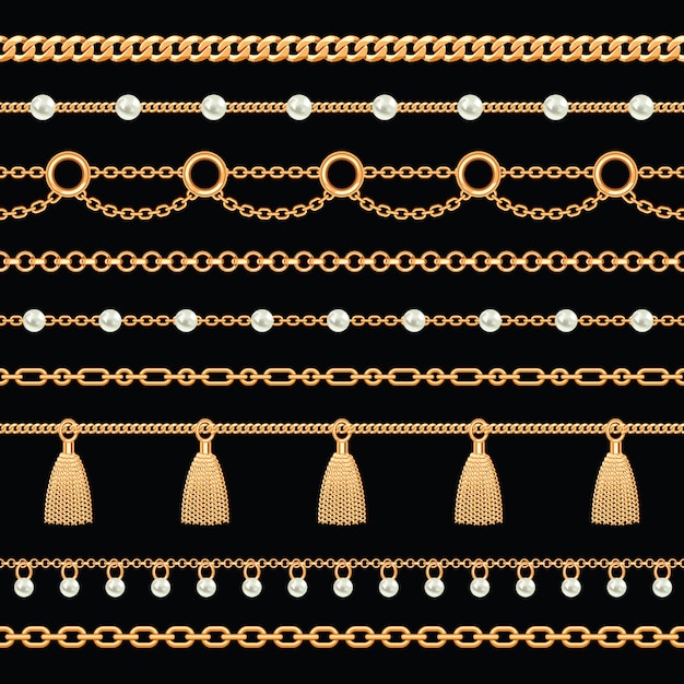Padrão de bordas de corrente metálica dourada com pérolas e borlas
