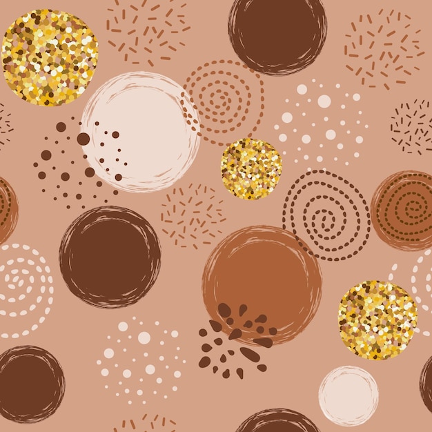 Padrão de café marrom vetor sem costura abstrato com elementos redondos desenhados à mão design vintage dourado de caramelo esboçado fundo para convites de saudações embrulho de papel têxtil web design em branco