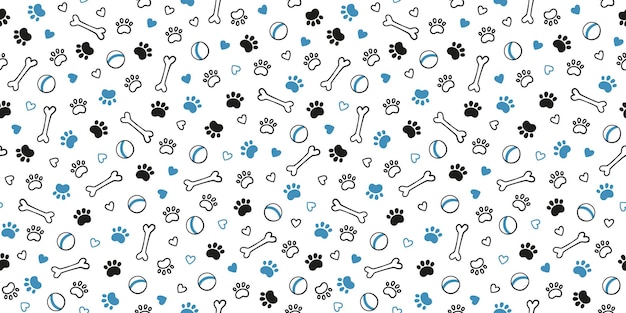 Padrão de cão sem costura com pata imprime ossos corações e bolas textura de pé de gato padrão com pata de cachorrinho e ossos textura de cachorro ilustração vetorial desenhada à mão em estilo doodle em fundo branco