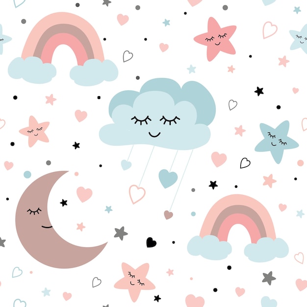 Padrão de céu bonito design vetorial sem costura com corações sorridentes da lua adormecida estrelas nuvens do arco-íris ilustração do bebê cores pastel claras fundo do berçário pano de tecido têxtil para meninas e meninos