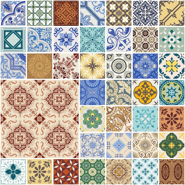 Padrão de colcha de retalhos sem costura colorida - conjunto de ladrilhos da espanha e do marrocos - para papel de parede, design, plano de fundo, textura, interiores