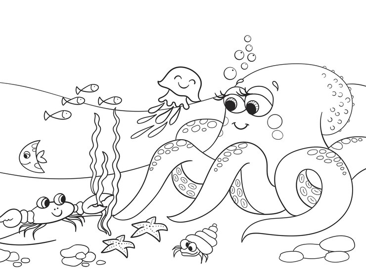 Vetor padrão de coloração brilhante o fundo do mar com seus habitantes peixe com polvo vetor de desenho animado