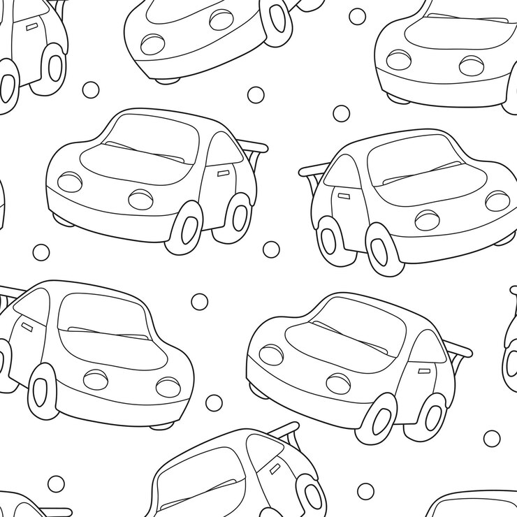 Vetor padrão de coloração perfeita. fundo preto e branco com carro de bebê engraçado dos desenhos animados. ilustração vetorial.