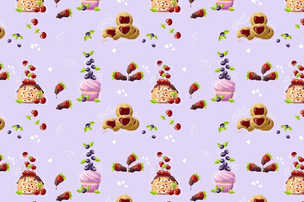 Vetor padrão de confeitaria de estilo desenho animado em fundo roxo doodle cake cupcake cookies vector