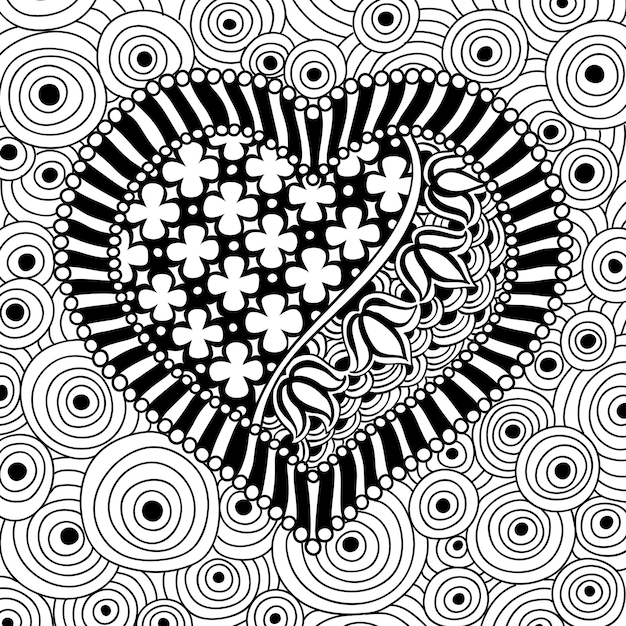 Vetor padrão de coração vetorial preto e branco de espirais de flores, redemoinhos, rabiscos