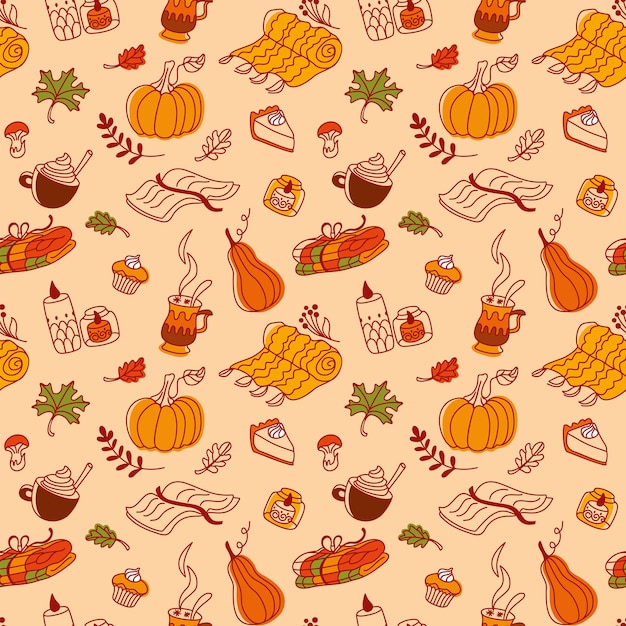 Padrão de costuras de outono em tons de laranja objetos aconchegantes padrão sem emenda vetor