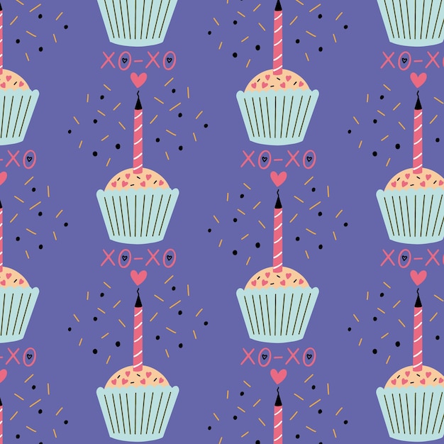 Padrão de cupcake sem costura com uma luz de vela em forma de coração. dia dos namorados papel de parede de papel digital tecido têxtil repetir o fundo