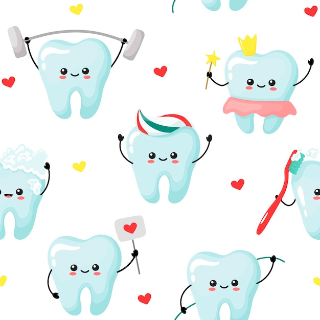 padrão de dentes fofos kawaii sandfage a ilustração do século dos dentes da raiz em estilo cartoon